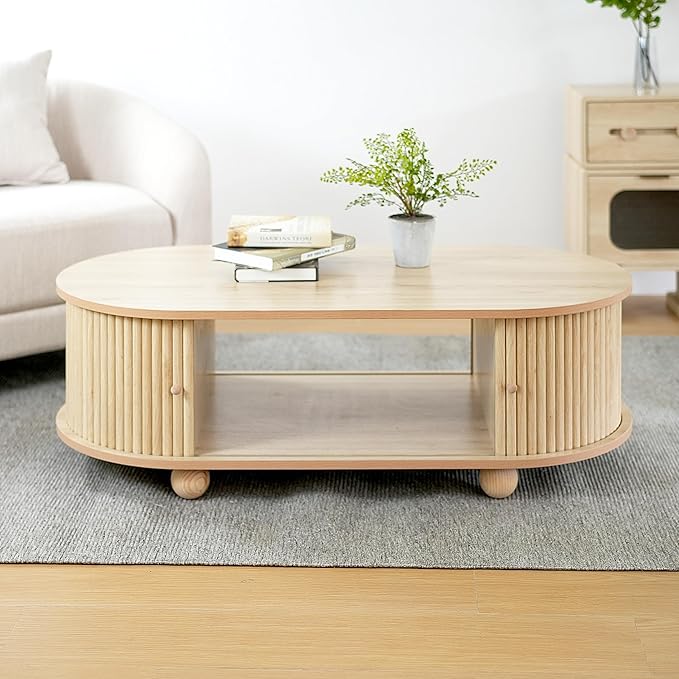 WILLIAMSPACE 47.24" Oval Coffee Table with Large Storage, Modern Luxury Wooden Drum Center Table with Round Legs for Living Room, Handcraft Accent Side Tea Table for Apartment, Natural