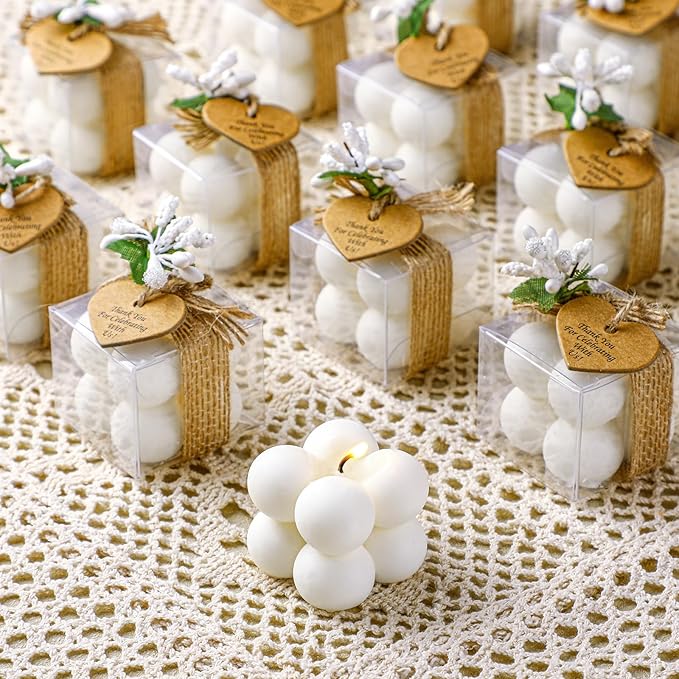 MTLEE Mini Bubble Candles Wedding Favors Gifts for Guests 1.57" x 1.38" Bubble Candles with Cards Dried Flowers DIY Gift Set for Baptism Party Bridal Shower Thank You Gifts (White,12 Sets)