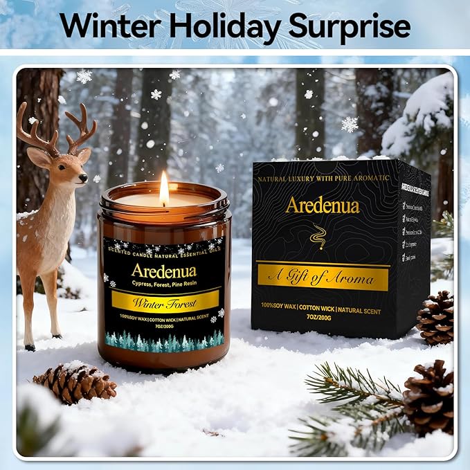 Winter Candles – Winter Forest Candle | Holiday Soy Candles for Home Scented - Cedarwood Evergreen Christmas Candle | Holiday Christmas Gifts for Women Men - 7oz Jar with 50H Clean Burn & Long Lasting