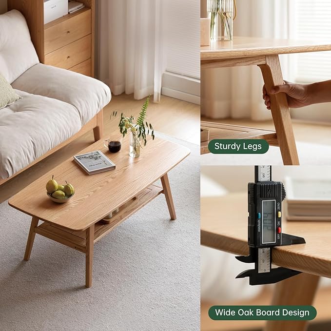 100% Solid Oak Wood Coffee Table for Living Room, 2-Tier Small Coffee Tables with Shelf Storage, Mid Century Modern Table with Rounded Corners (Natural, 39.37" x 19.68" x 17.32")