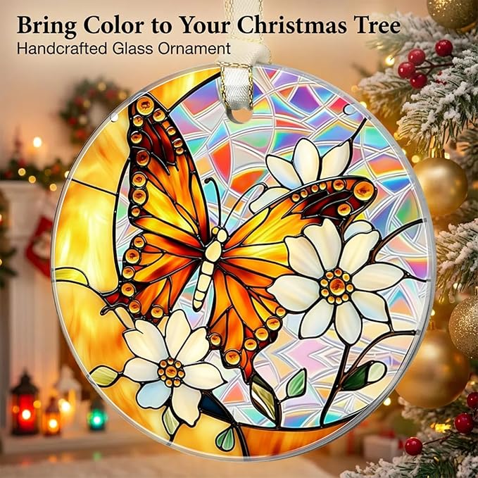 Christmas Ornaments 2025, Stained Glass Christmas Tree Decorations, Exchange for Women, Men, Collectible Dated Year Ornaments for Tree（Butterfly）