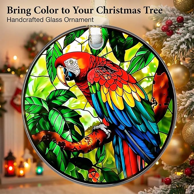 Christmas Ornaments 2025, Stained Glass Christmas Tree Decorations, Exchange for Women, Men, Collectible Dated Year Ornaments for Tree（Parrot）