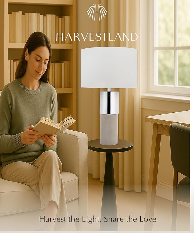 HarvestLand 22" Sole Cement Large Table Lamp – Modern Round Stone Lamp with Chrome Accent for Entry Table or Lamps for Living Room, Decorative lamp, Bedside Table Lamps
