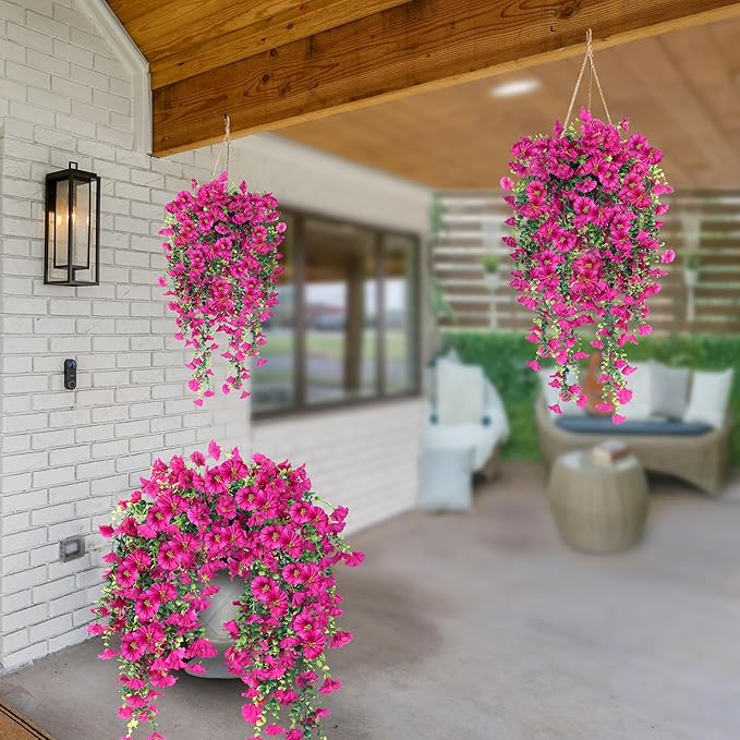 Sggvecsy Artificial Fake Hanging Flowers Plants for Outdoor Outside Spring Summer Decoration 2PCS Faux Silk UV Resistant Realistic Morning Glory with Eucalyptus for Home Porch Patio Balcony(Magenta)