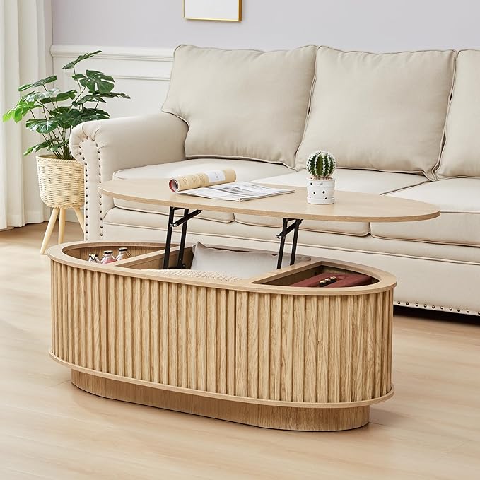 43.3'' Fluted Coffee Table with Hidden Storage Compartment, Mid Century Modern Oval Lift Top Coffee Table, Wooden Center Table Converts to Dining Tables for Living Room, Apartment (Natural)