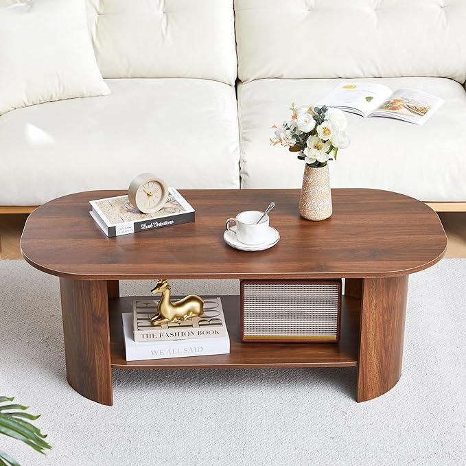 43.3” Oval Coffee Table for Living Room, Wood Farmhouse Coffee Tables with Storage, 2-Tier Center Table with Storage Shelf Low Tea Table for Small Space, Home, Office, Easy Assembly (Walnut)