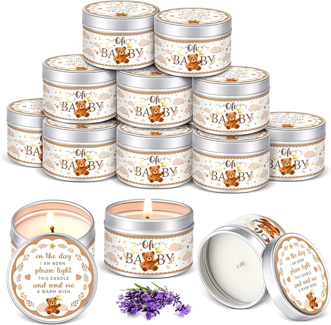 Funtery 12 Pcs Baby Shower Party Favors for Guests Baby Shower Candles Lavender Scented Candle Rustic Tealights Candles Gender Reveal Return Gifts(Bear)