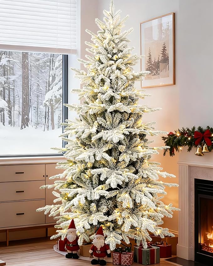 6ft Flocked Christmas Tree Prelit, Slim Artificial Christmas Tree with 300 Warm White & Multicolor Twinkle Lights,1582 PE & PVC Mixed Branch Tips for Home Office Store, Holiday Decoration