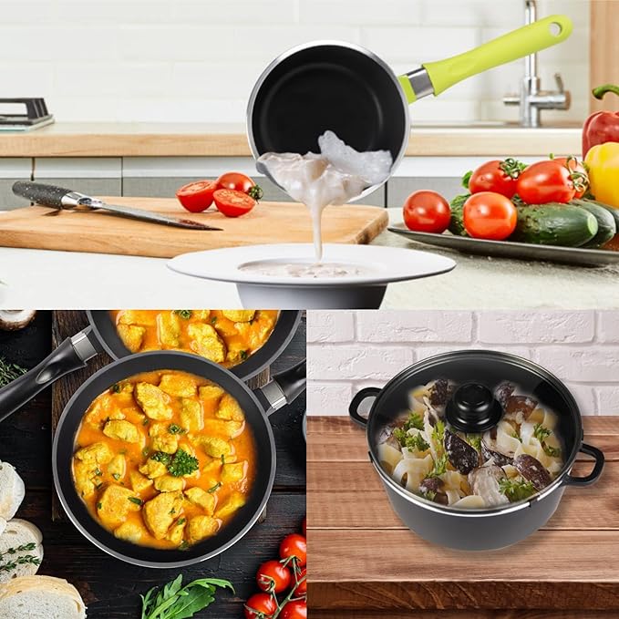 Pots and Pans Set Nonstick Cookware Set 5 Piece, Kitchen Cooking Sets with Tempered Glass Lid and Comfortable Handle, Classic Kitchen Cookware Set, Black and Green