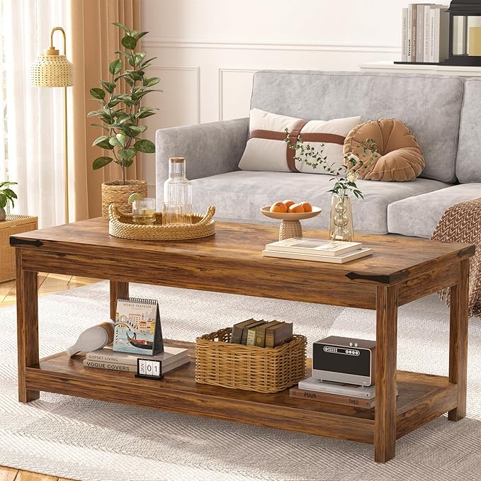 Homieasy Coffee Table with Storage Shelf, 43.3” Farmhouse Wood Coffee Tables for Living Room, Modern Center Tea Table, Rustic Brown