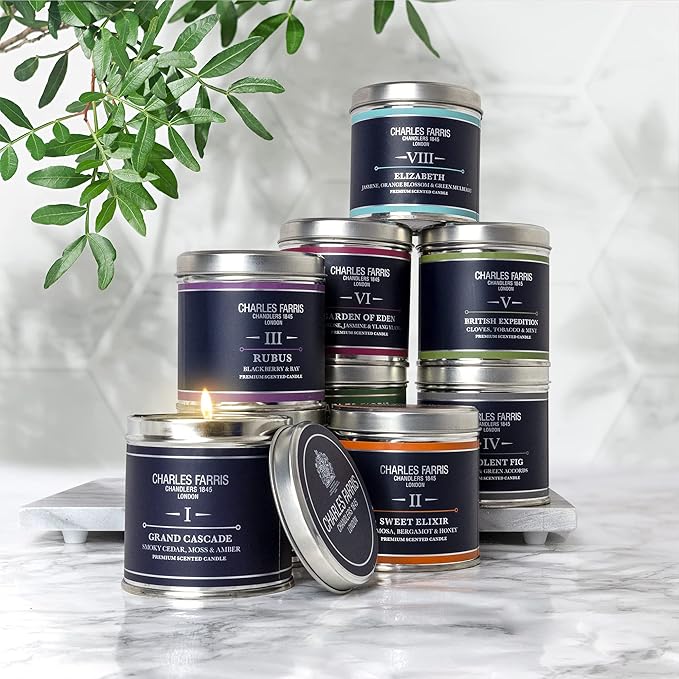 Charles Farris Luxury Scented Candle – Tin, Hand-Poured, Long Lasting, Clean Burning, 300g / 10.5oz, Burns for up to 40 Hours, Made in England – Smokey Cedar, Moss & Amber – Grand Cascade