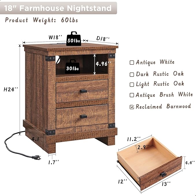 Farmhouse Nightstand Set of 2 with Charging Station, 18" Rustic Night Stand with 2 Storage Drawers, Wood End Table for Bedroom, Living Room, Reclaimed Barnwood