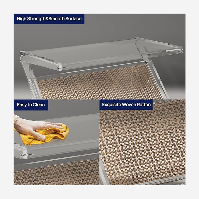 HMYHUM Acrylic Coffee Table for Living Room, Clear Unique Rattan Center Table, Rectangle Tea Table for Bedroom Office Reception Room, 31.5" L × 15.75" W × 17.72" H, Modern, Easy Assembly