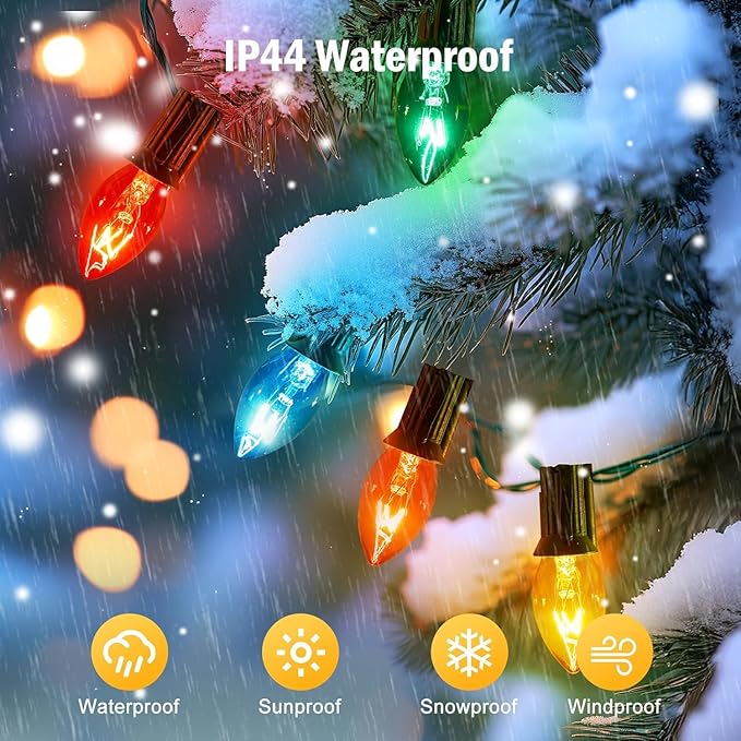Minetom 25ft C7 Multicolor Christmas String Light Set, Vintage Christmas Tree Lights with 25 Bulbs, Outdoor Roofline String Lights for Patio Garden Holiday Indoor Wedding Home Decorating, Green Wire