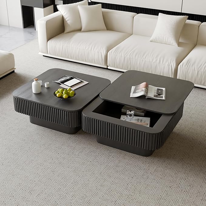 31.5'' Square Coffee Table with Storage, Mid Century Modern Fluted Drum Center Tables with Lid, Solid Wood Modern Coffee Table Accent Tea Table for Living Room, Bedroom, Apartment or Office, Black