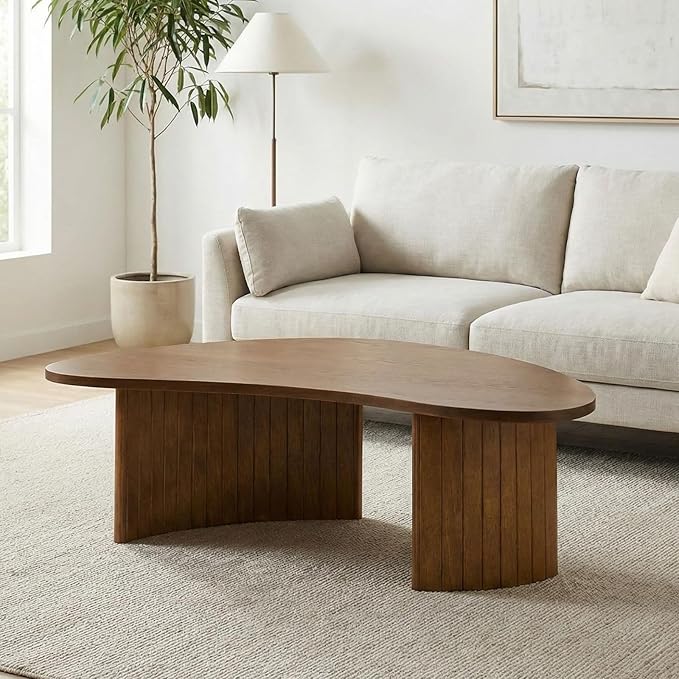 35.5 Inch Mid Century Modern Walnut Small Coffee Table for Small Spaces, Sturdy Wood Center Table with Irregular Mango Top and Fluted Legs for Living Room, Apartment