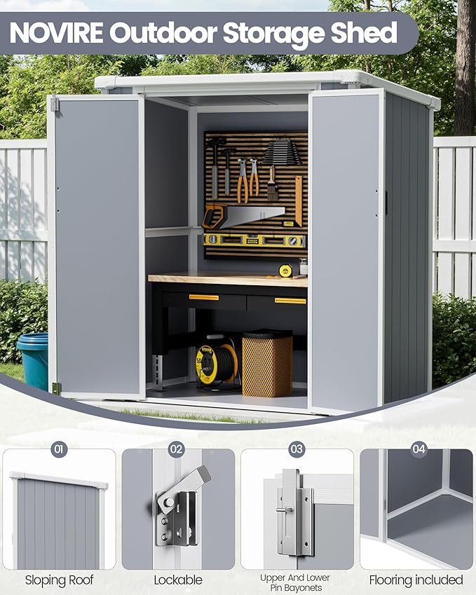 5x3 Resin Garden Sheds & Outdoor Storage on Clearance, Weather-Resistant Plastic Shed with Floor and Lockable Door for Garden Tools, Lawn Mower, Bike, Backyard Organization, Aritic Light Grey