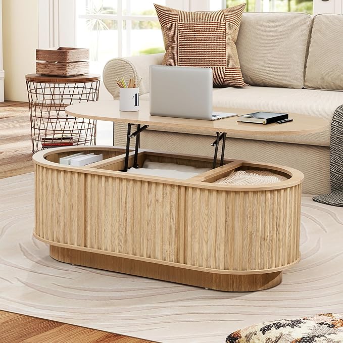 Oval Lift Top Coffee Table with Storage, 43.3”Mid Century Modern Center Table with Hidden Compartment, Fluted Wooden Lift Tabletop Dining Table for Living Room Apartment Home Office,Natural