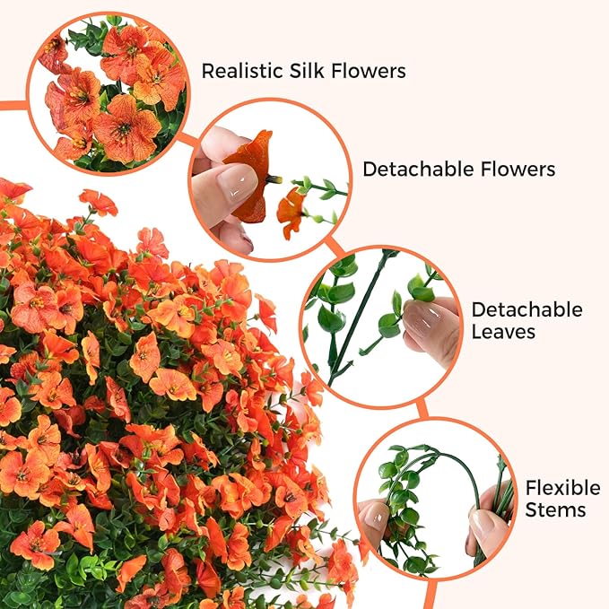Orange Fall Artificial Flowers for Outdoors Decorations, 12 Bundles Faux Fall Mums Flowers, UV Resistant Realistic Silk Daisy with Eucalyptus for Home Decor Garden Planters Patio Yard Balcony