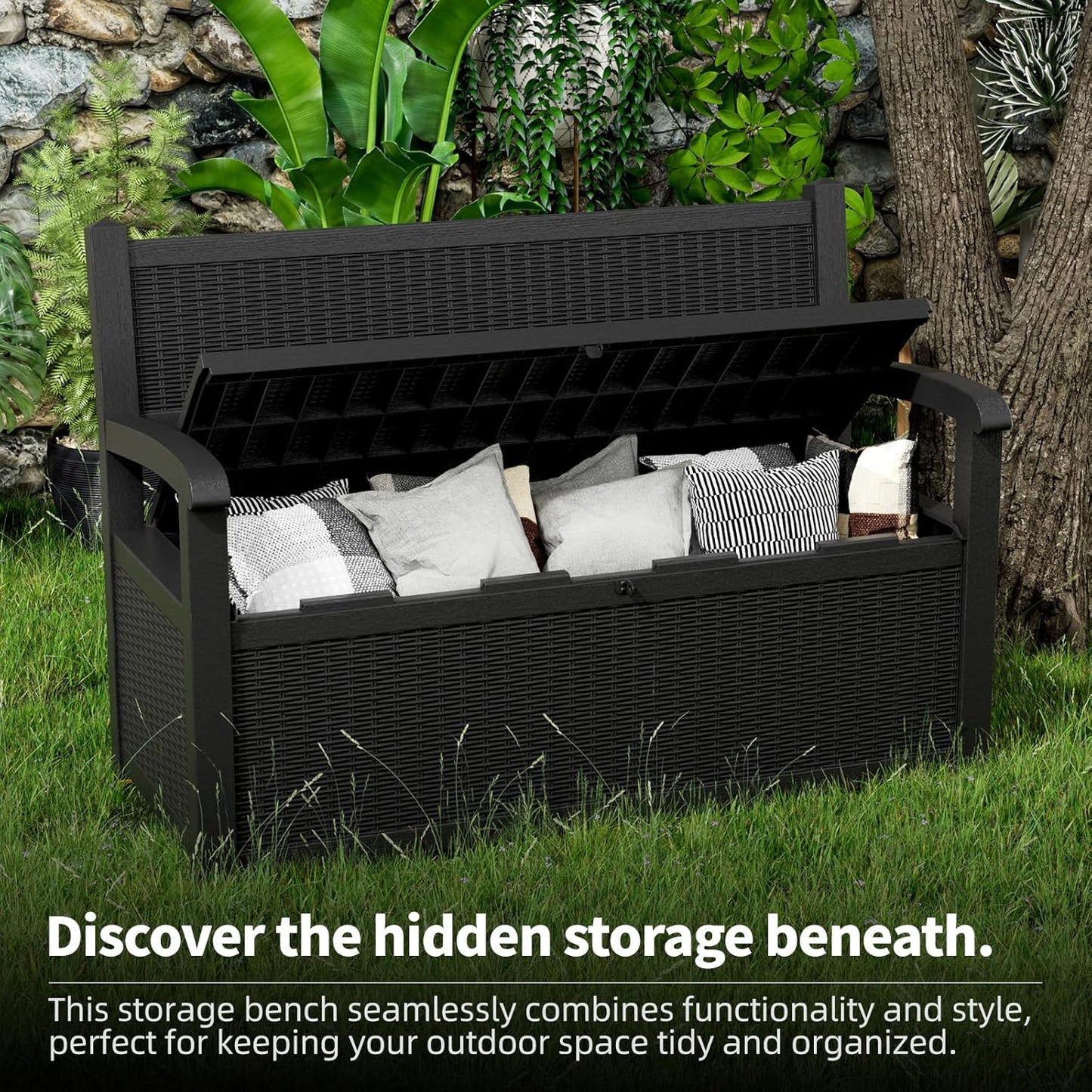 80 Gallon Storage Bench Deck Box Waterproof Lockable,Outdoor Storage Furniture for Patio,Garden and Porch,Tools and Cushions（Black）