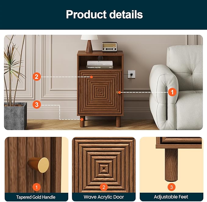 RoyalCraft Nightstand Set of 2, Modern Side Table with Charging Station, Accent End Table with Solid Wood Legs, Bedside Table for Bedroom, Entryway, Brown