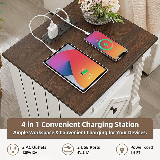 Nightstand with Charging Station, Rustic 18 Inch Farmhouse End Table with Barn Door, Wood Sofa Side Table with 2 Storage Drawers for Living Room, Bedroom, Entryway (Antique White 2pcs)
