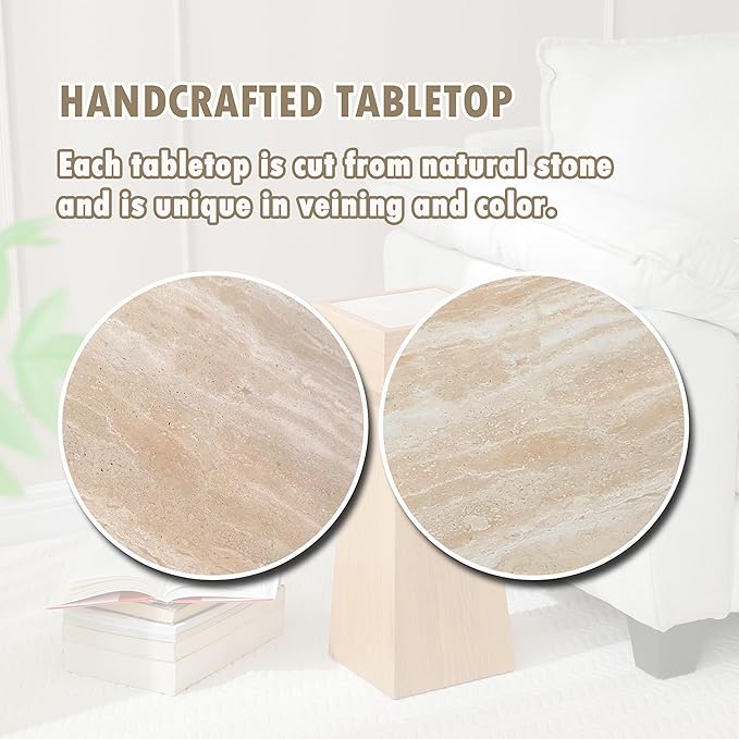 8.6-inch Marble Pedestal Side Table, Stone Finish Top Accent Drink Table for Living Room, Square Small End Coffee Counter, Full Assembly for Small Space Office - Oak