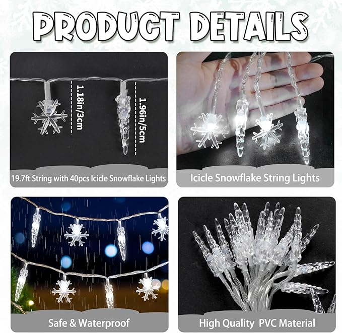 Christmas Icicle Lights Indoor，20ft 40 LED Icicle String Lights Battery Operated Powered Christmas Lights for Indoor Winter Christmas Decorations