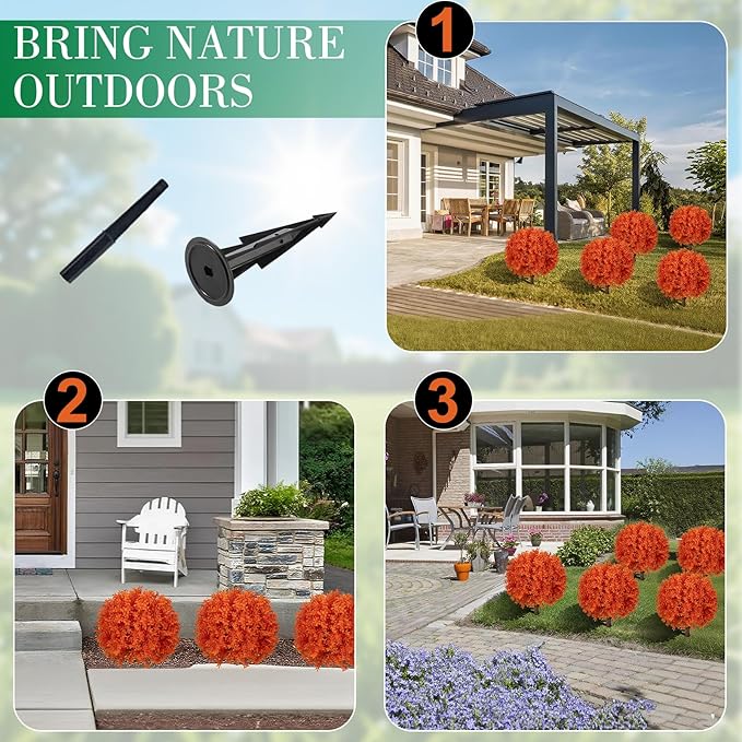 Set of 2 Artificial Orange Boxwood Topiary Ball Trees, 23" UV Resistant No Fade Outdoor Faux Fall Plants with Ground Spike, Fake Shrubs for Garden, Patio, Porch, Yard, Indoor Decor