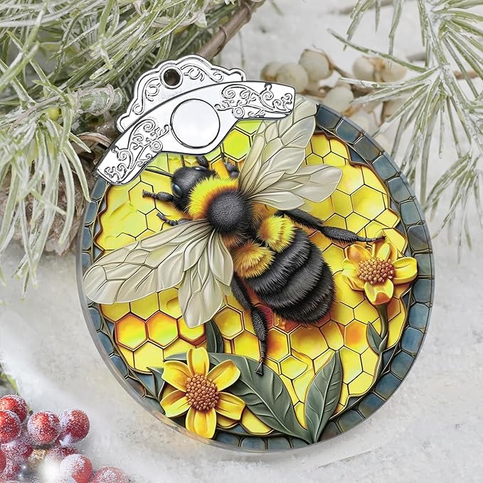 Christmas Decorations Ornaments, Stained Glass Ornament, Christmas Tree Ornaments, 2025 Gift Ornament, Xmas Gift for Friend Family Coworker - Bee and Honeycomb