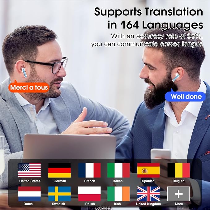 Ai Translation Earbuds Real Time, Simultaneous Interpretation Translator Earbuds with 6 Translation Modes/164 Languages, No Subscription Translatior Headphones, Light Blue