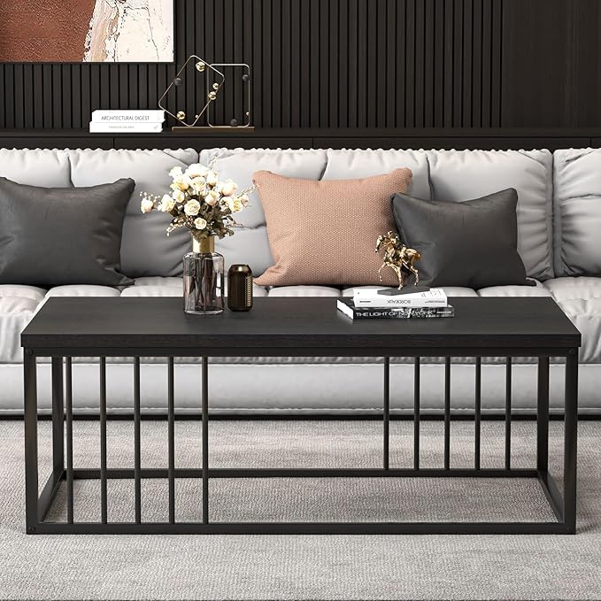 FOLUBAN Black Coffee Table, Modern Industrial Wood and Metal Center Table, Rectangle Cocktail Tea Table for Living Room, Black, 43.3 Inch