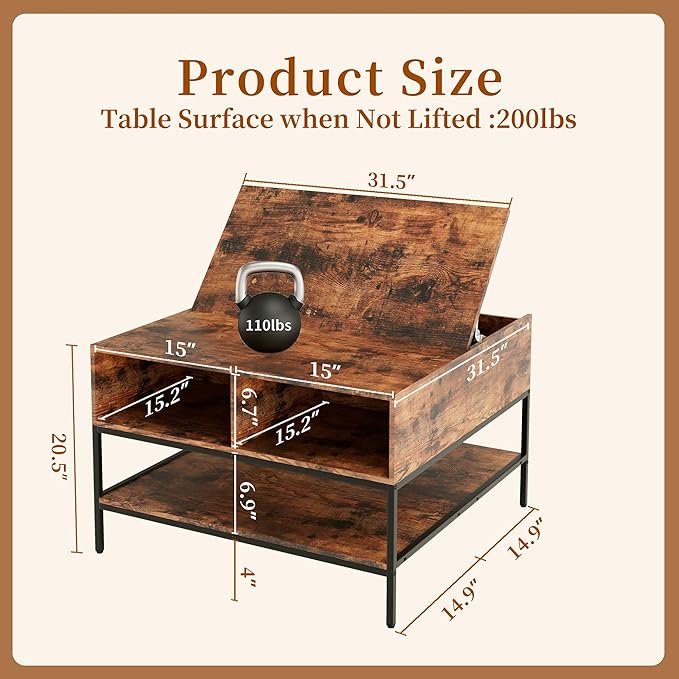 AQY 31.5" Flip Top Coffee Table with Storage, Square Coffee Tables for Living Room, Modern Farmhouse Heavy Duty Coffee Table with Large Hidden Compartment and Storage Shelves,Assembly Required