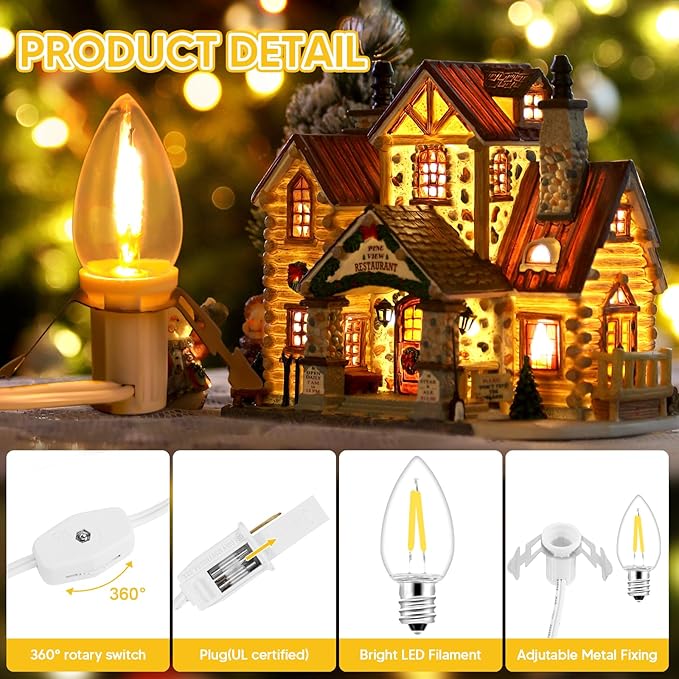 2Pack Accessory Cord with 16 LED Light Bulbs and Outlet Christmas Village Light 14.7FT White Cord with Spare Fuse Warm White C7 Lamp for Halloween Pumpkins Christmas Village Houses Craft Decoration
