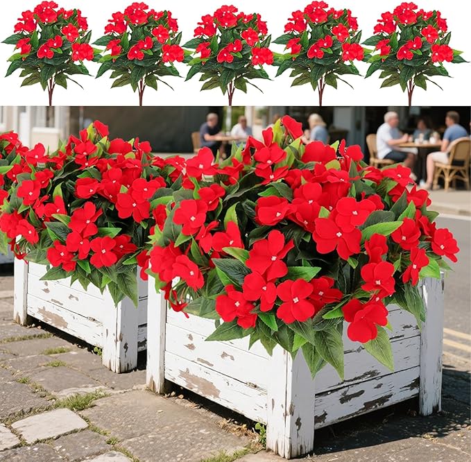 5PCS Artificial Impatiens Bouquet Flowers for Outdoors Silk Faux Flowers for Outdoor Fake Planters UV Resistant Spring Summer Indoor Decor Garden Porch Patio Window Kitchen Balcony, Red