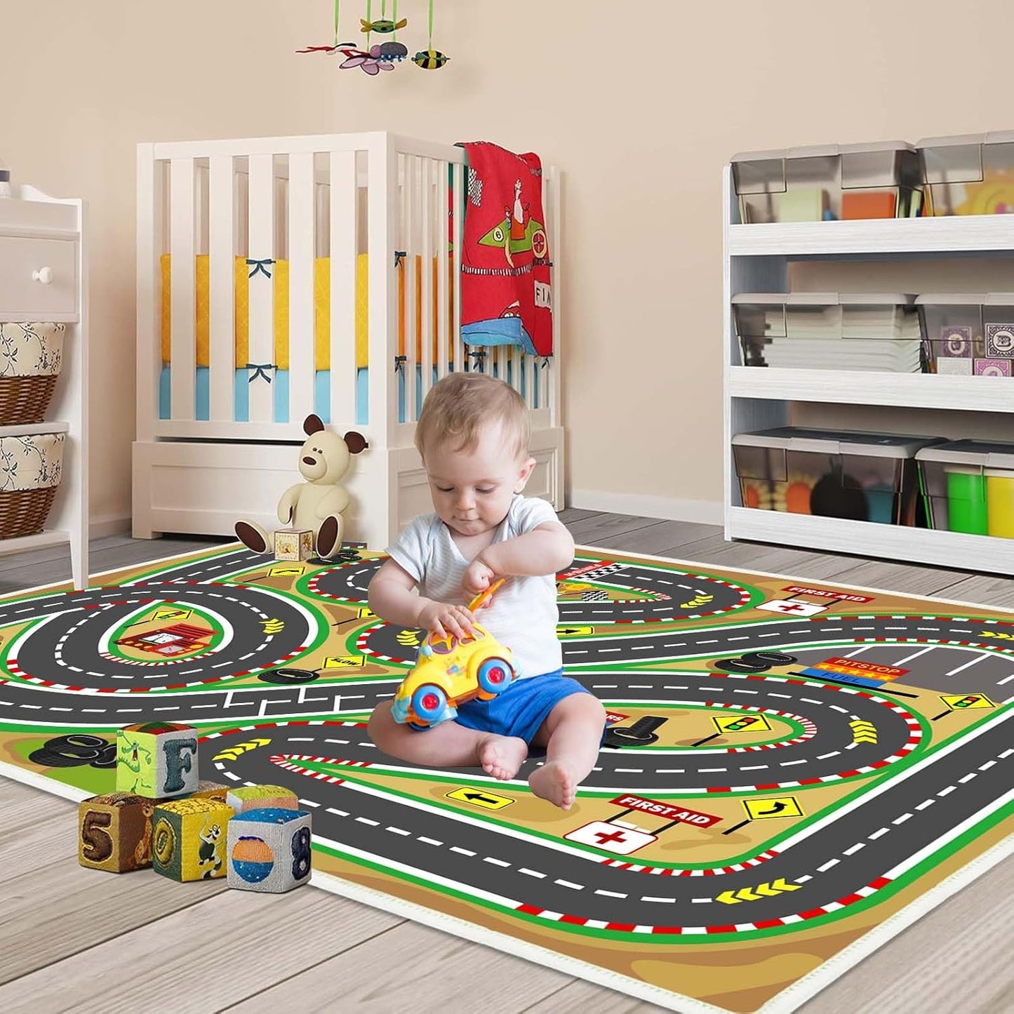 Kids Rug Play mat Playroom Rugs Car Rugs for Kids Toy Cars Race Track for Classroom Rug (Race-Brown, 3.3x4.9ft)