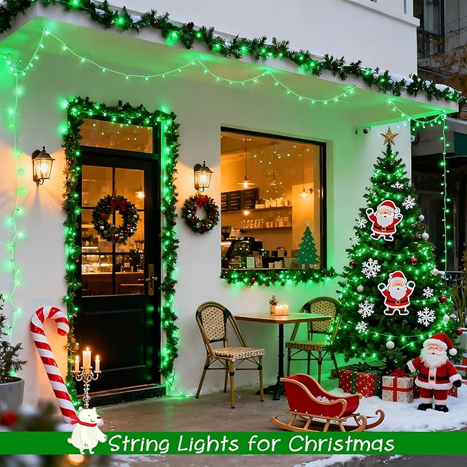 JMEXSUSS 2 Pack 100 LED Green Christmas Lights Indoor, 8 Modes Green String Lights Outdoor Waterproof, Clear Wire Connectable Christmas Tree Lights Plug in for Xmas Tree Bedroom Yard Party Decorations