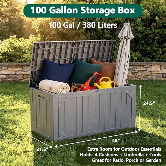 Outdoor Storage Box, 100 Gallon Deck Box Outdoor Storage Bench Outside Waterproof Resin Storage Bench, Lockable Patio Cushions, Garden Tools Storage For Furniture, UV Resistant (Gray)