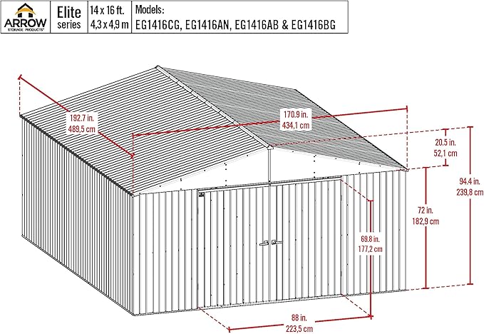 Arrow Shed Elite 14' x 16' Tall Outdoor Steel Storage Shed with High Gable and Lockable Doors Storage Building, Anthracite