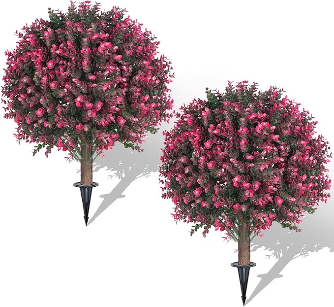 Set of 2 Artificial Rose Boxwood Topiary Ball Bush for Outdoor with Ground Spike 22", UV Resistant Faux Greenery Shrubs, Fake Rose&Green Boxwood Plants for Garden, Yard, Porch, Patio Decor