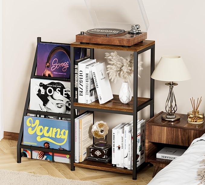 Y&M Record Player Stand with Vinyl Storage, Vinyl Record Shelf Holds Up to 200 Albums, 3-Tier Turntable Stand Table, Record Display Shelf for Album CD, End Table for Bedroom, Living Room