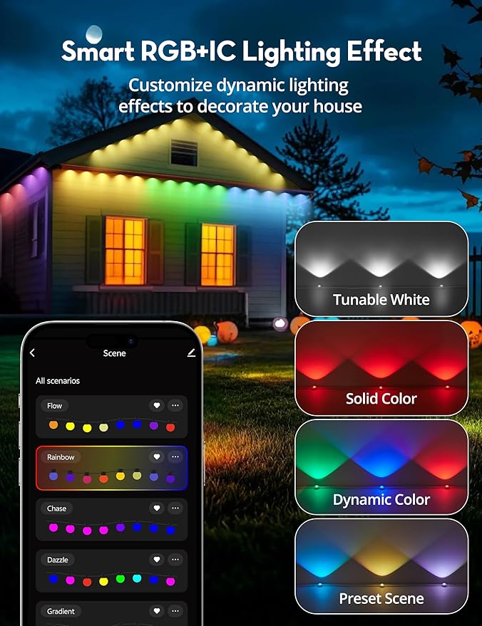 RGB+IC Permanent Outdoor Lights for House Garden, 50Ft Smart Eave Lights, String Lights, IP67 Waterproof, for Christmas Halloween Decor Birthday Gift with Alexa, Google Assistant APP/Remote Control
