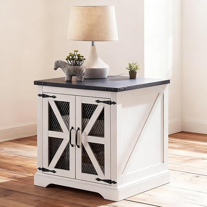 JXQTLINGMU Farmhouse End Table, 24" Large Sofa Side Table with Charging Station, Mesh Barn Door, and Adjustable Storage Shelf, Rustic Wood Square Nightstand for Living Room, Bedroom, Off White