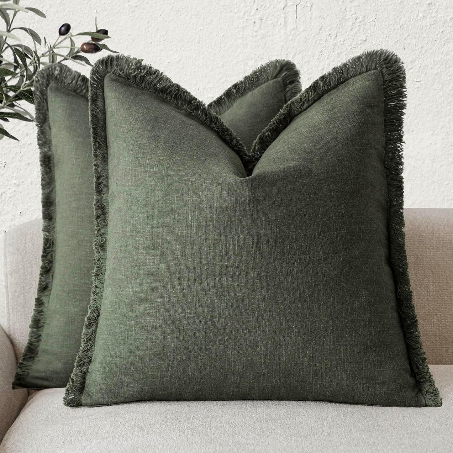 Foindtower Set of 2 Decorative Linen Fringe Throw Pillow Covers Boho Farmhouse Cushion Cover with Tassels Soft Accent Pillowcase for Couch Sofa Bed Living Room Home Decor,26×26 Inch,Dark Olive Green