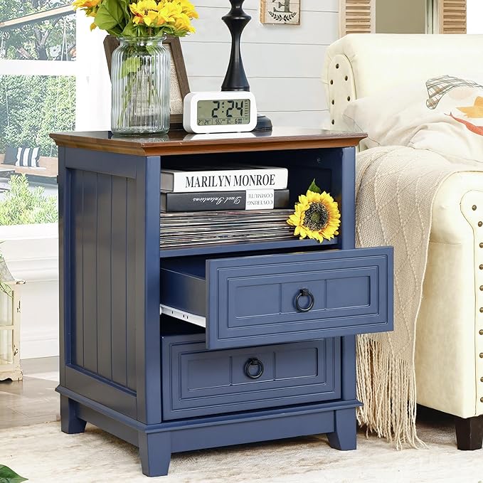 Farmhouse Nightstand, 24" Wooden Couch Side Table with 2 Drawers & Open Shelf, Rustic End Table for Bedroom & Living Room, Bedside Space-Saving Accent Storage Cabinet (Blue)