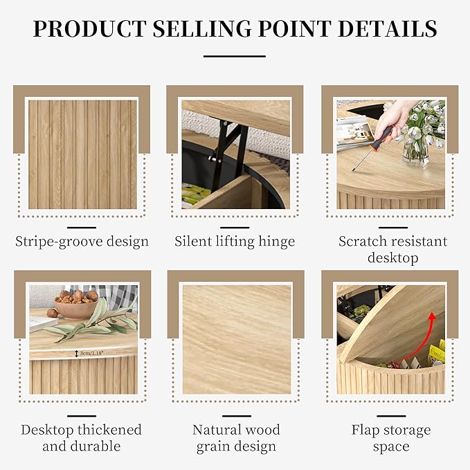 Lift Top Coffee Table with Storage, Round Coffee Tables for Living Room, 34.6'' Farmhouse Fluted Coffee Table, Wood Center Table with Large Hiddern Storage Compartment (Wood Color)