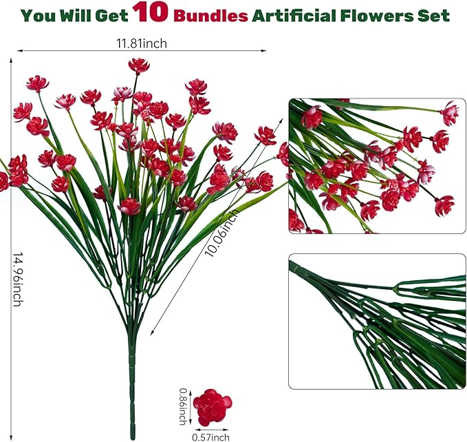 Lnoicy 10pcs Artificial Flowers for Outdoor,Plastic Flowers Decoration, UV Resistant Faux Flowers Shrubs, Artificial Plants for Indoor Outside Garden Home Wedding Farmhouse(Red)