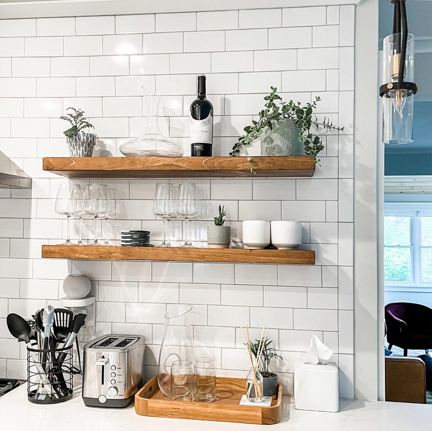 URBANDI, Rustic Floating Shelves, Set of 2, Hidden Bracket, Solid Wood, Heavy Duty, Wall Mounted Shelves, (Brown, 60Wx10D)