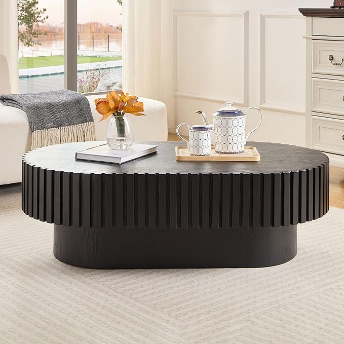 WILLIAMSPACE 43.7" Black Oval Coffee Table, Mid Century Modern Luxury Wood Drum Center Table for Living Room, Handcraft Accent Side Table Tea Table for Apartment, 43.7"*24.8"*13.78"H (Black)