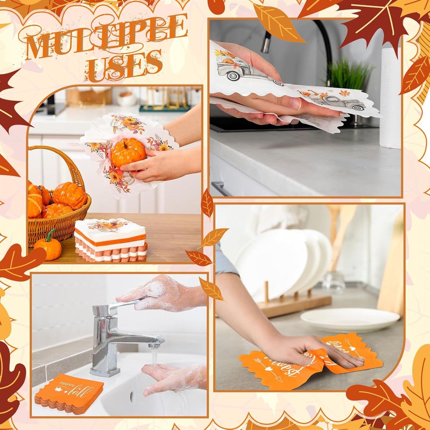 150 Pcs 5 x 5 Inches Fall Thanksgiving Paper Napkins Autumn Pumpkin Scalloped Cocktail Napkins for Decoupage Disposable Autumn Harvest Party Supply Bathroom Table Dessert Dinner Wedding Decor